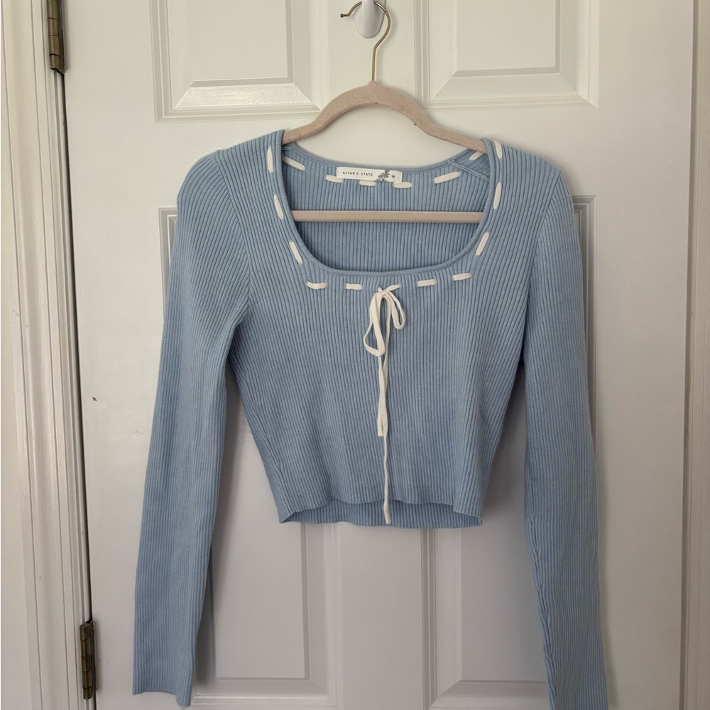 Altar'd State Light Blue Ribbed Knit Top with White Tie Detail